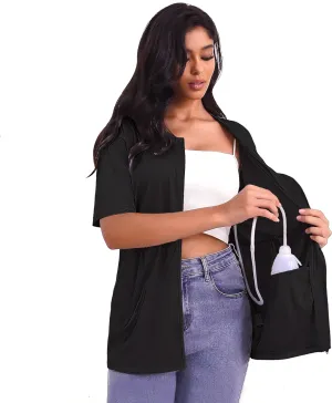 Mastectomy Shirts with Drain Pockets Full Front Zip Short Sleeve Shirts for Women Post Mastectomy Recovery Must Haves