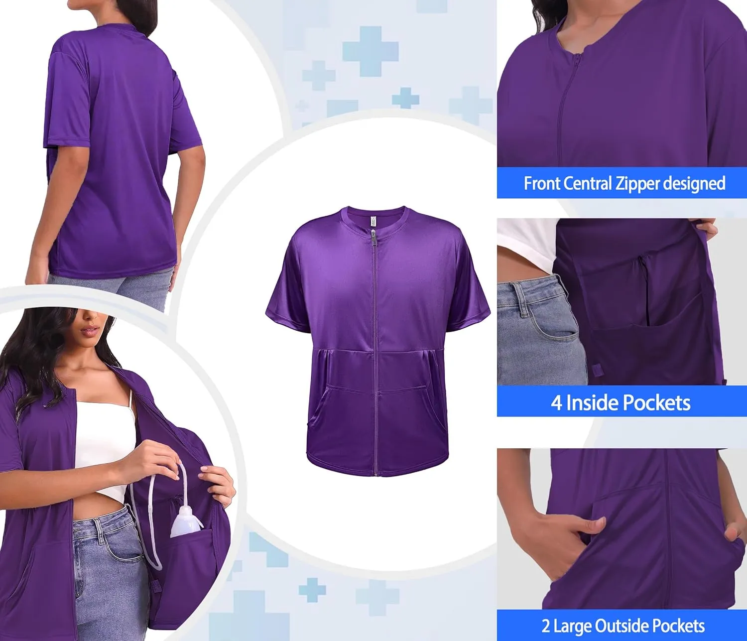 Mastectomy Shirts with Drain Pockets Full Front Zip Short Sleeve Shirts for Women Post Mastectomy Recovery Must Haves