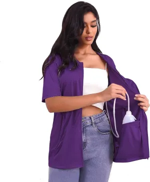 Mastectomy Shirts with Drain Pockets Full Front Zip Short Sleeve Shirts for Women Post Mastectomy Recovery Must Haves