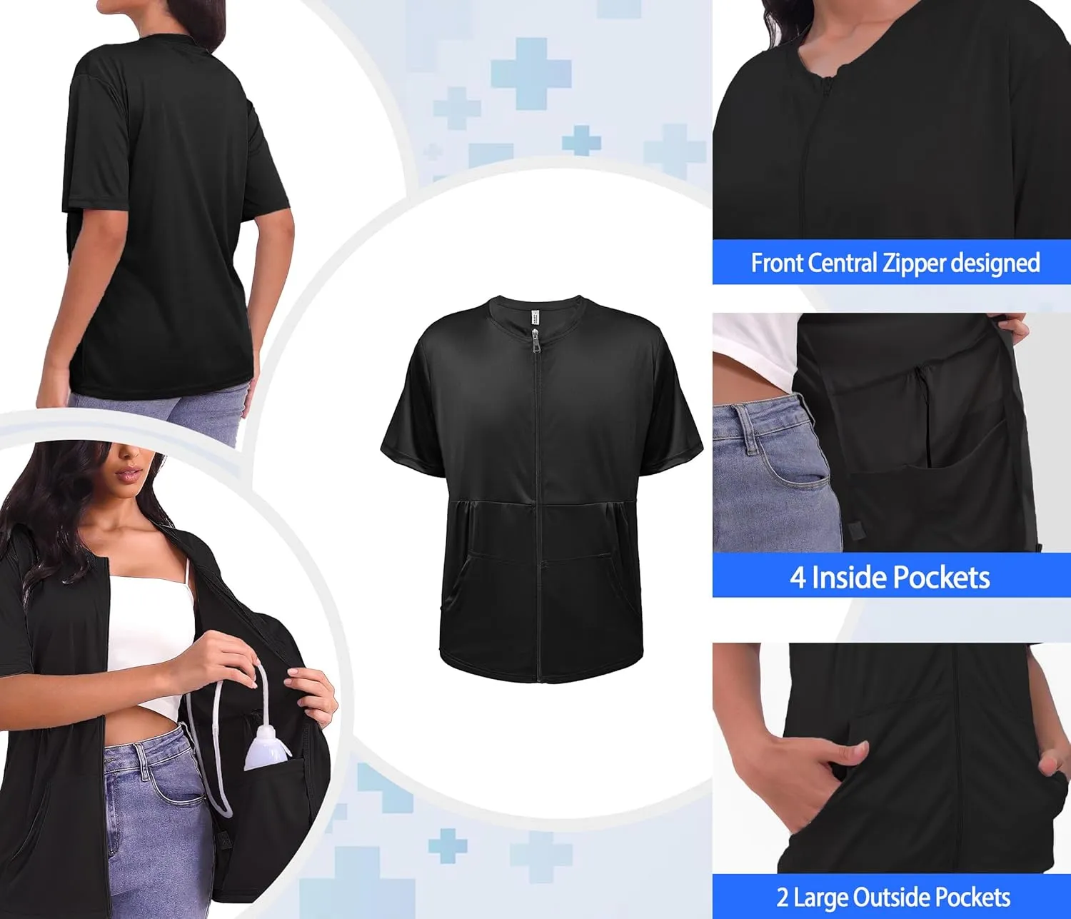 Mastectomy Shirts with Drain Pockets Full Front Zip Short Sleeve Shirts for Women Post Mastectomy Recovery Must Haves