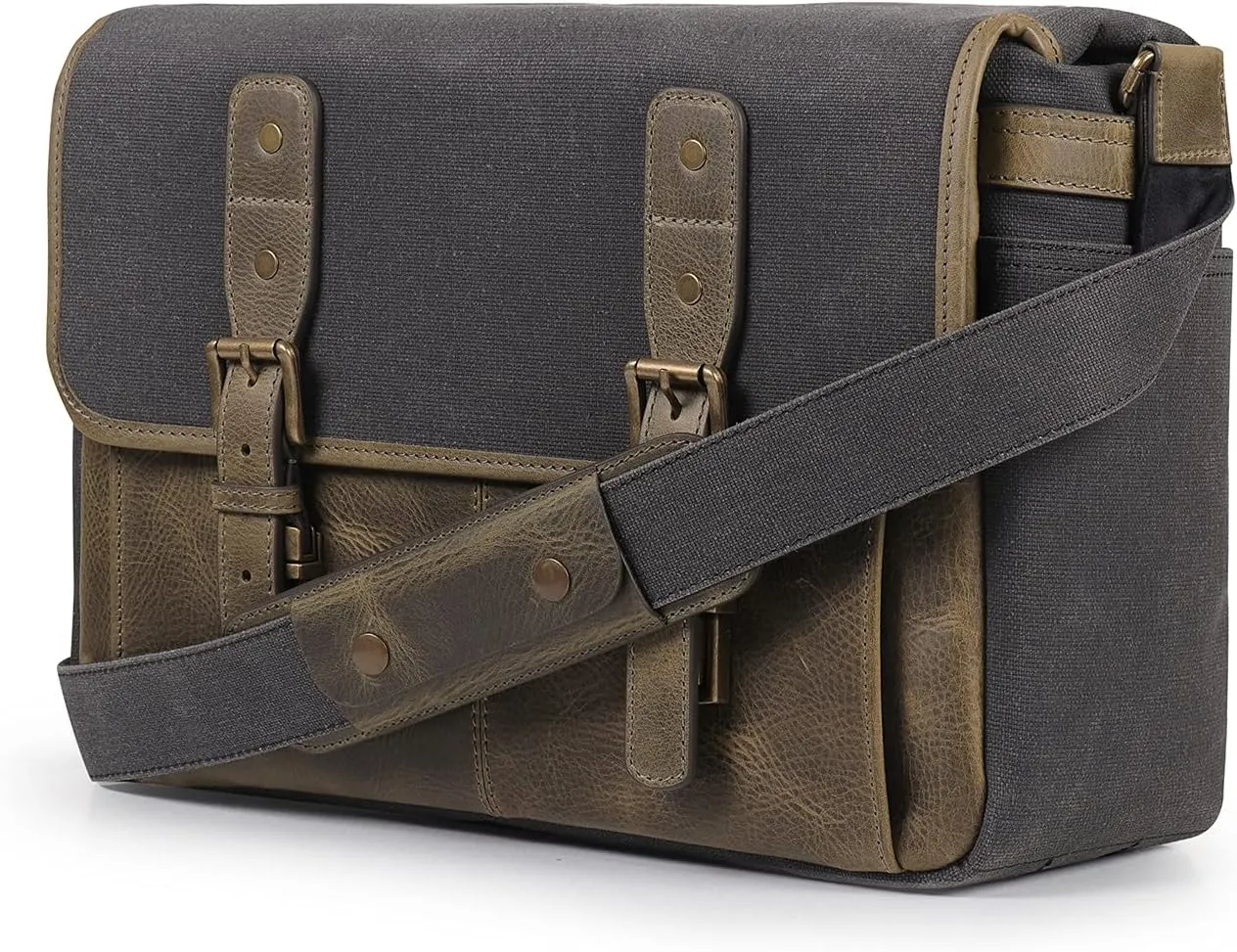 MegaGear Italian Leather Messenger Bag, Lightweight Unisex Business Briefcase Satchel Portfolio, Multi Compartment, Olive