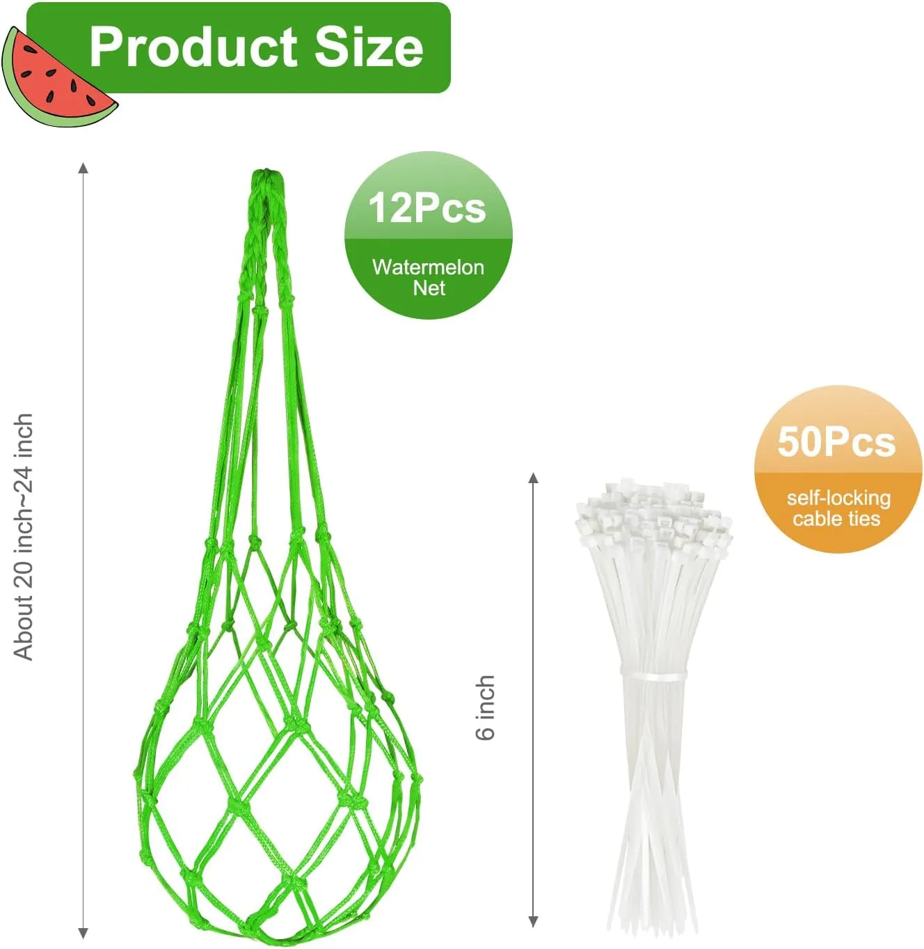 Melon Hammock Net for Vertical Growing, 12 Pack Watermelon Support Mesh Bags with 50 pcs Zip Ties, Reusable Fruit Slings for Cantaloupe, Pumpkin, Honeydew, Garden Trellis Vine Cradle (12, Green)