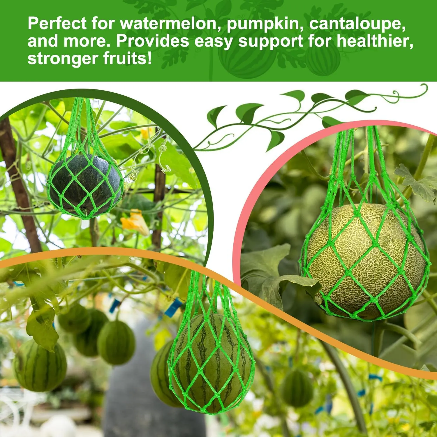 Melon Hammock Net for Vertical Growing, 12 Pack Watermelon Support Mesh Bags with 50 pcs Zip Ties, Reusable Fruit Slings for Cantaloupe, Pumpkin, Honeydew, Garden Trellis Vine Cradle (12, Green)