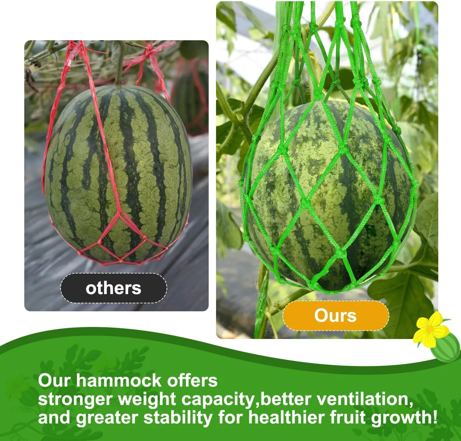 Melon Hammock Net for Vertical Growing, 12 Pack Watermelon Support Mesh Bags with 50 pcs Zip Ties, Reusable Fruit Slings for Cantaloupe, Pumpkin, Honeydew, Garden Trellis Vine Cradle (12, Green)