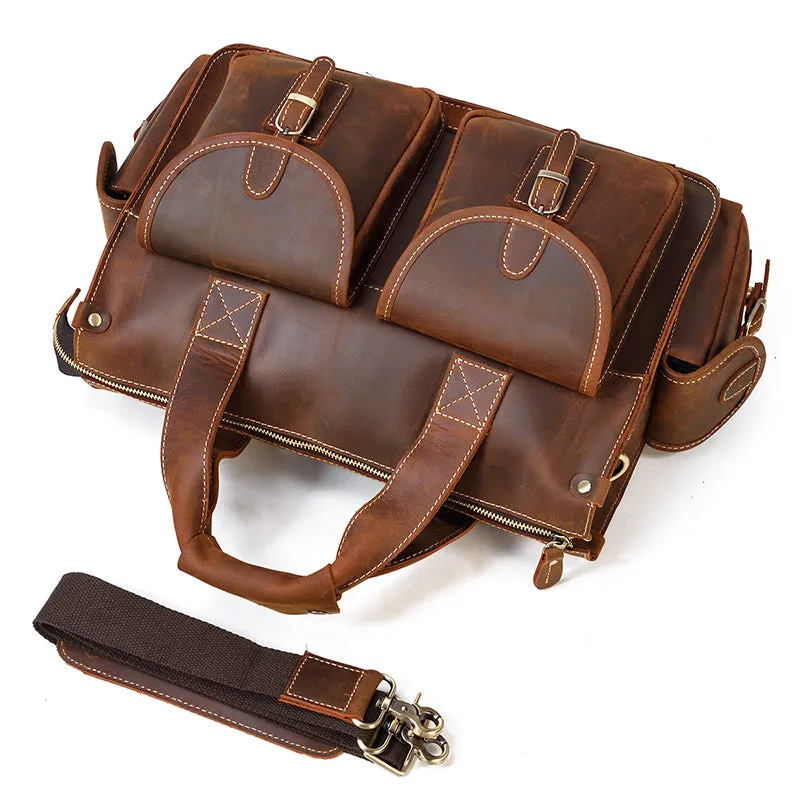 Men’s Collection Zippered Leather Briefcase, Hickory Brown, One Size