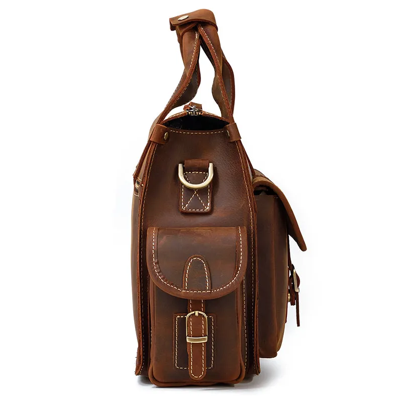 Men’s Collection Zippered Leather Briefcase, Hickory Brown, One Size