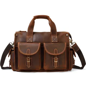 Men’s Collection Zippered Leather Briefcase, Hickory Brown, One Size