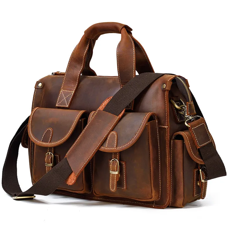 Men’s Collection Zippered Leather Briefcase, Hickory Brown, One Size