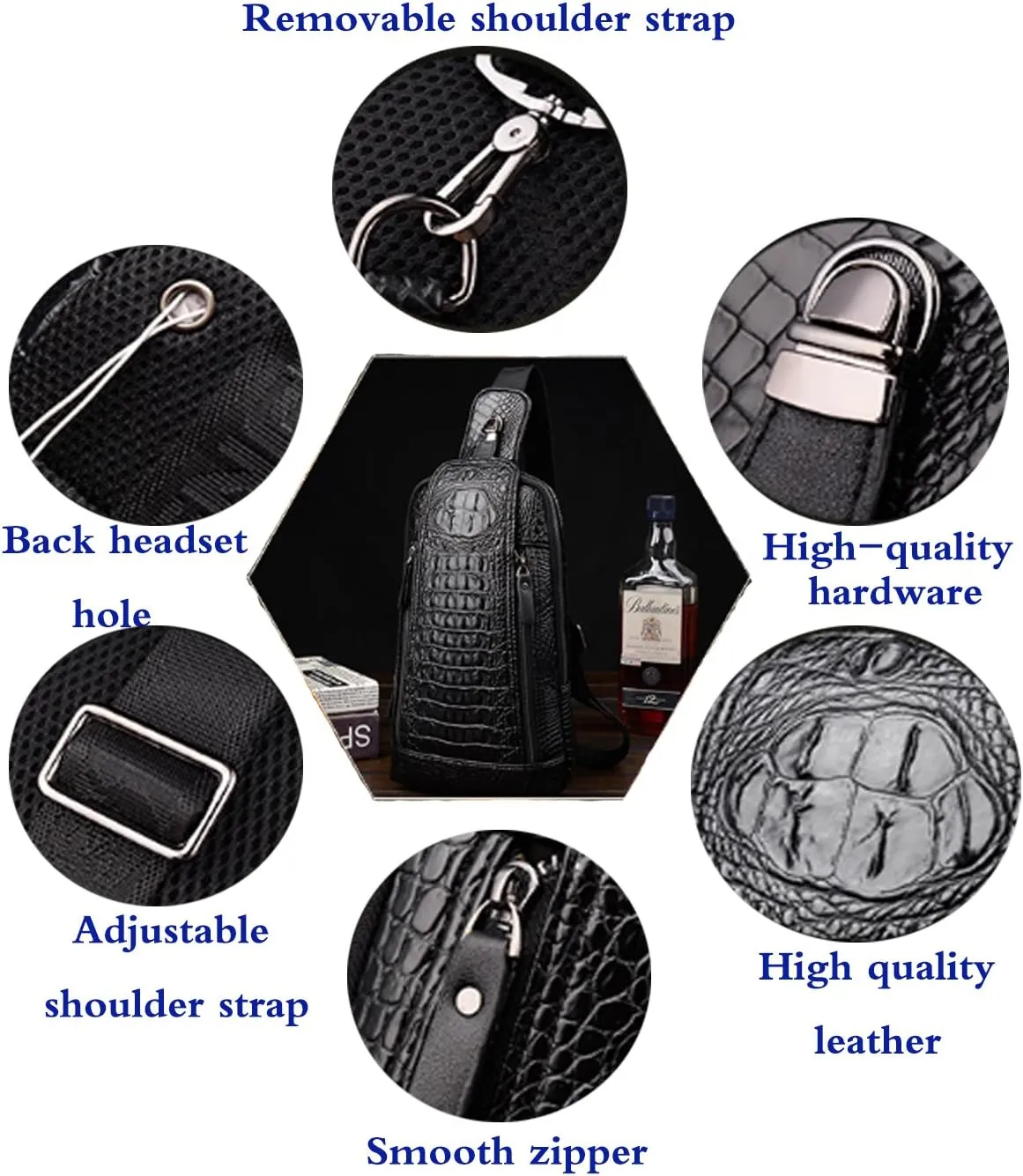 Mens Sling Bags Crocodile PU Shoulder Crossbody Chest Bag Satchels Hiking Daypack Dark Brown