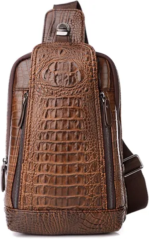 Mens Sling Bags Crocodile PU Shoulder Crossbody Chest Bag Satchels Hiking Daypack Dark Brown