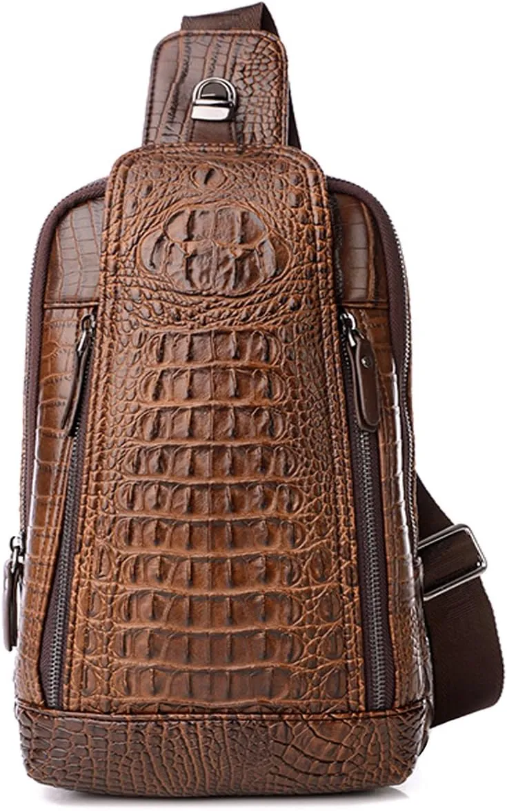 Mens Sling Bags Crocodile PU Shoulder Crossbody Chest Bag Satchels Hiking Daypack Dark Brown