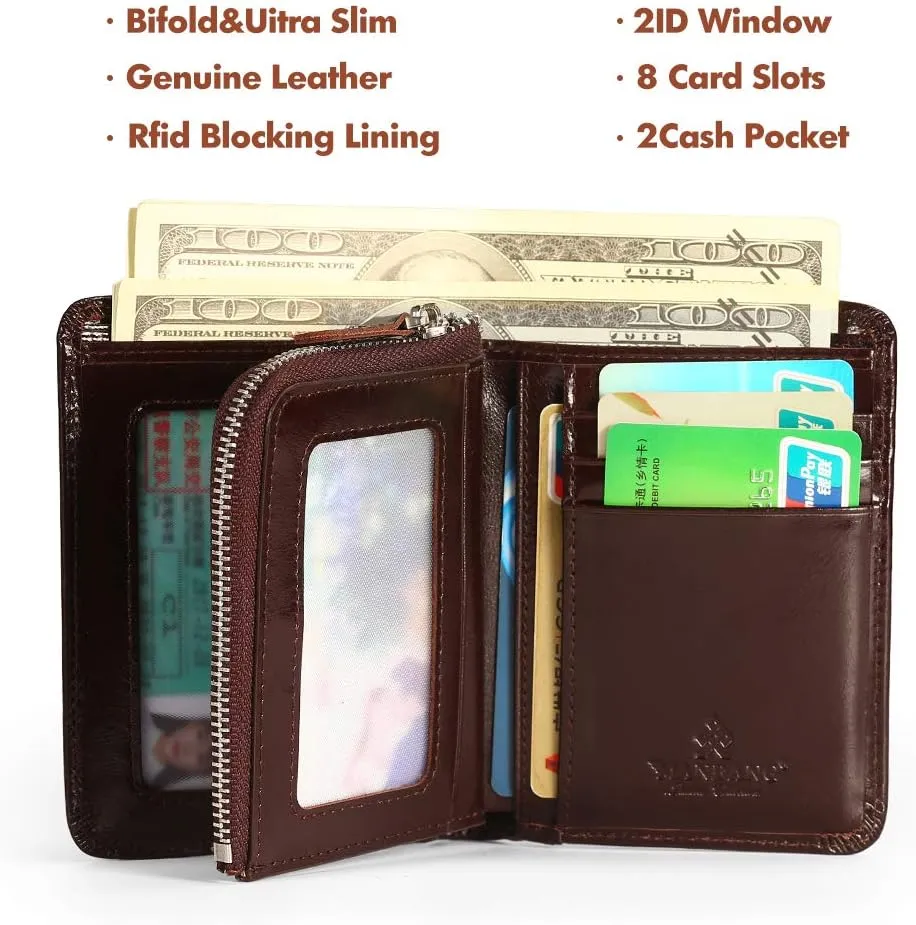 Mens Wallet Zipper Genuine Leather RFID Card Holders Cowhide Zip Coin Pocket Bifold wallets for men