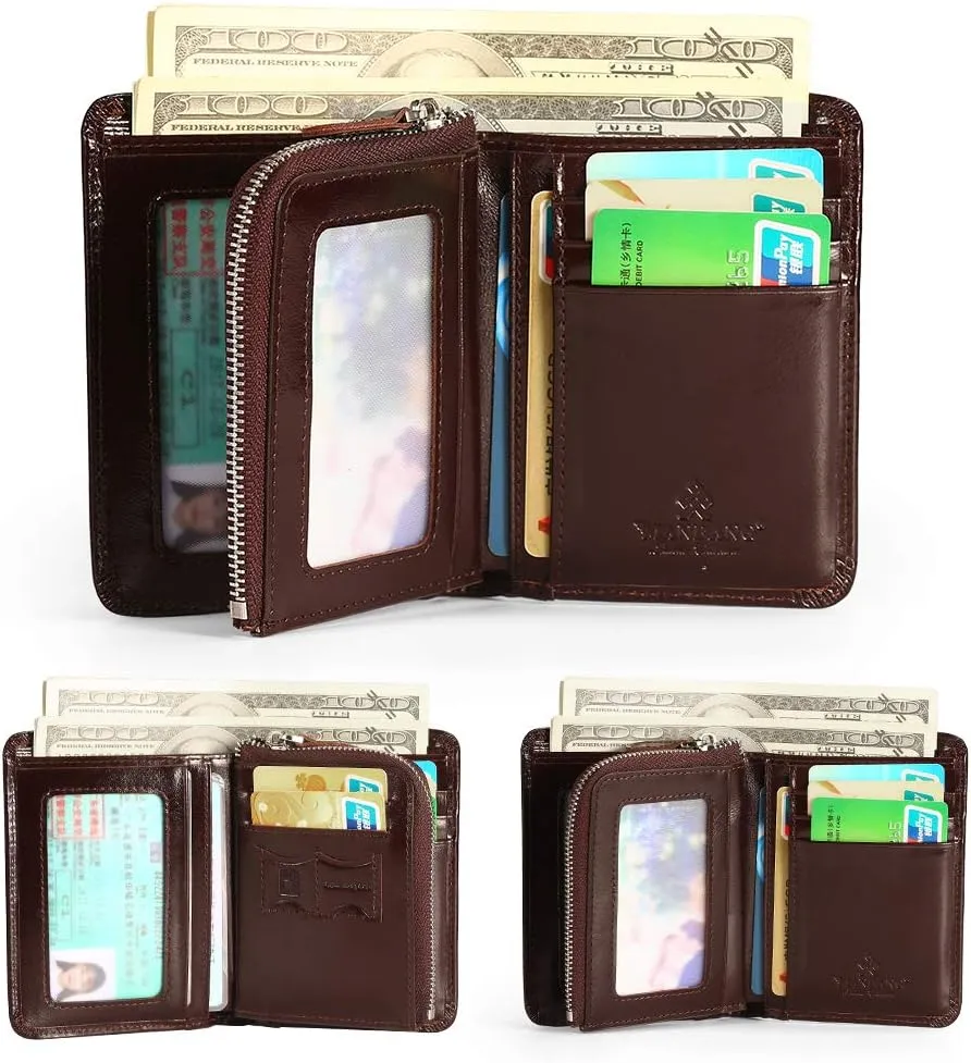 Mens Wallet Zipper Genuine Leather RFID Card Holders Cowhide Zip Coin Pocket Bifold wallets for men