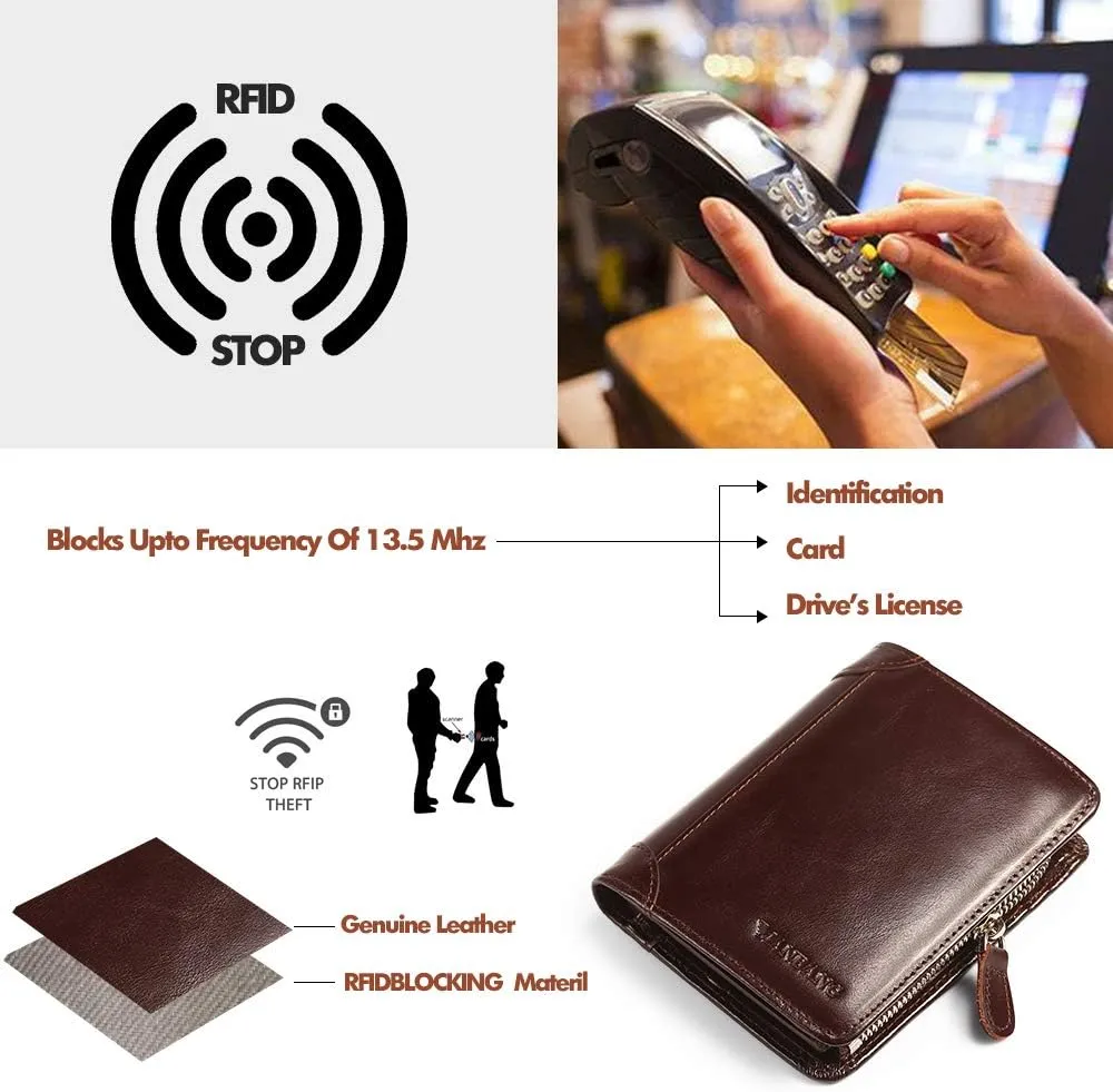 Mens Wallet Zipper Genuine Leather RFID Card Holders Cowhide Zip Coin Pocket Bifold wallets for men