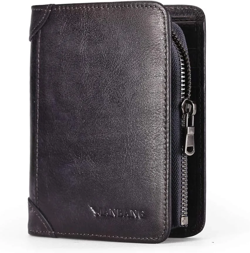 Mens Wallet Zipper Genuine Leather RFID Card Holders Cowhide Zip Coin Pocket Bifold wallets for men