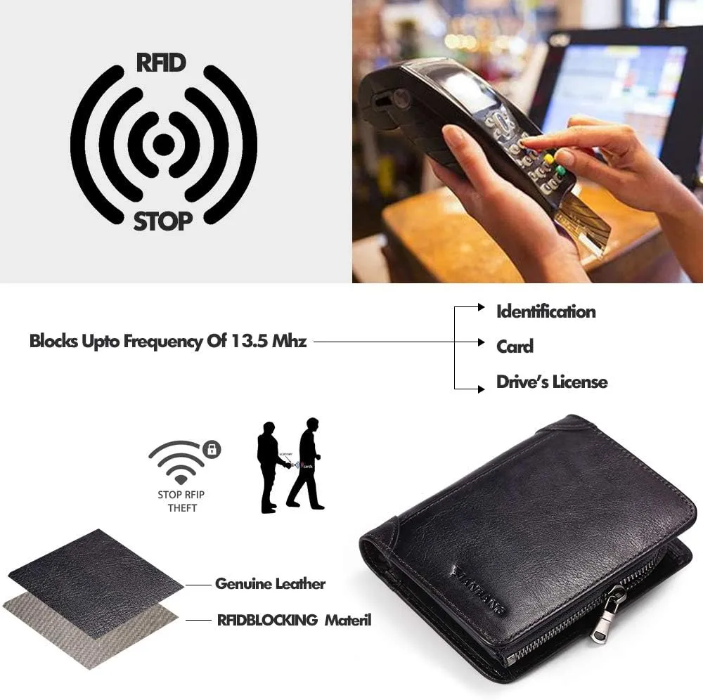 Mens Wallet Zipper Genuine Leather RFID Card Holders Cowhide Zip Coin Pocket Bifold wallets for men