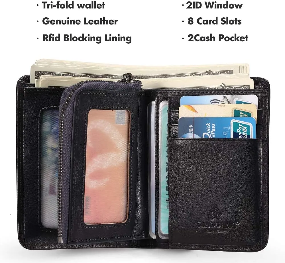 Mens Wallet Zipper Genuine Leather RFID Card Holders Cowhide Zip Coin Pocket Bifold wallets for men