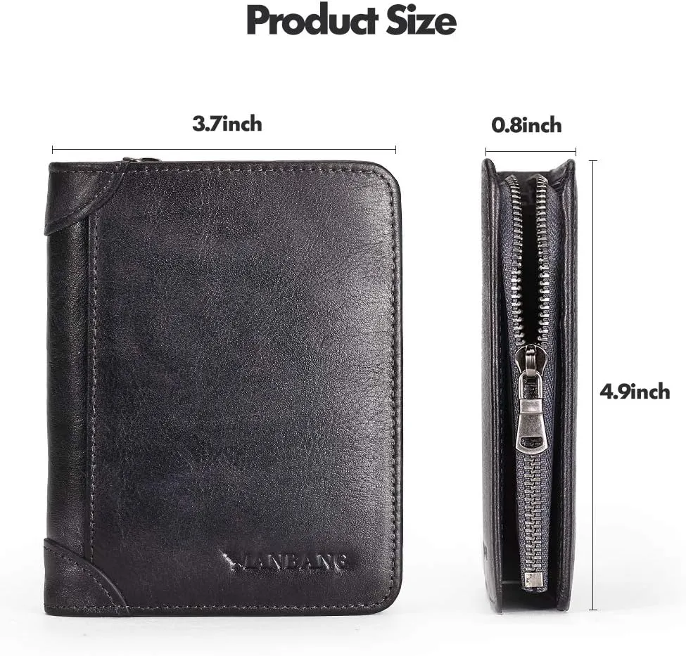 Mens Wallet Zipper Genuine Leather RFID Card Holders Cowhide Zip Coin Pocket Bifold wallets for men
