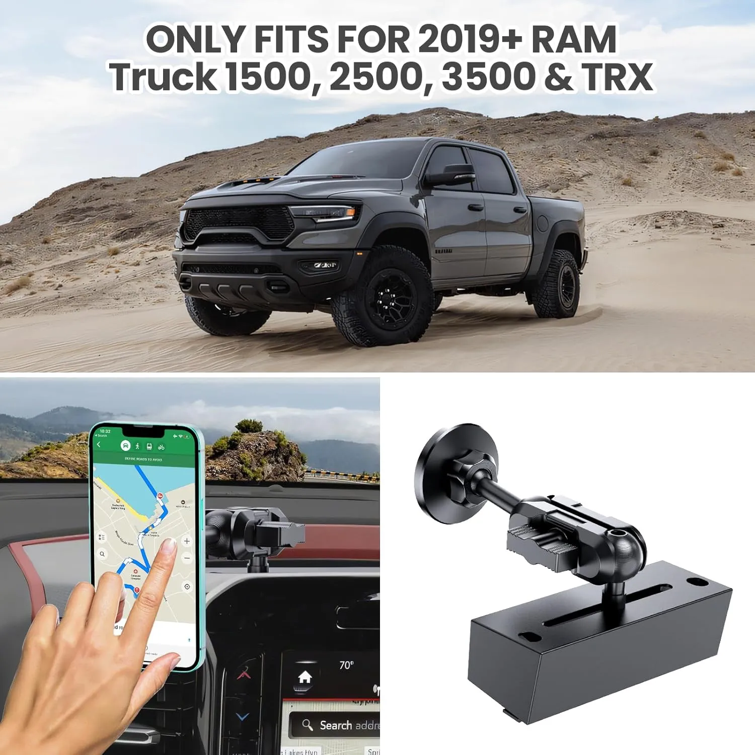 Metal Magnetic Phone Mount for 2019  RAM 1500/2500/3500 & 2019  RAM TXR, OEM Holes Screws Install Super Stable for Off Road Bumpy Road Dodge 1500 Phone Holder Cool Ram Accessory