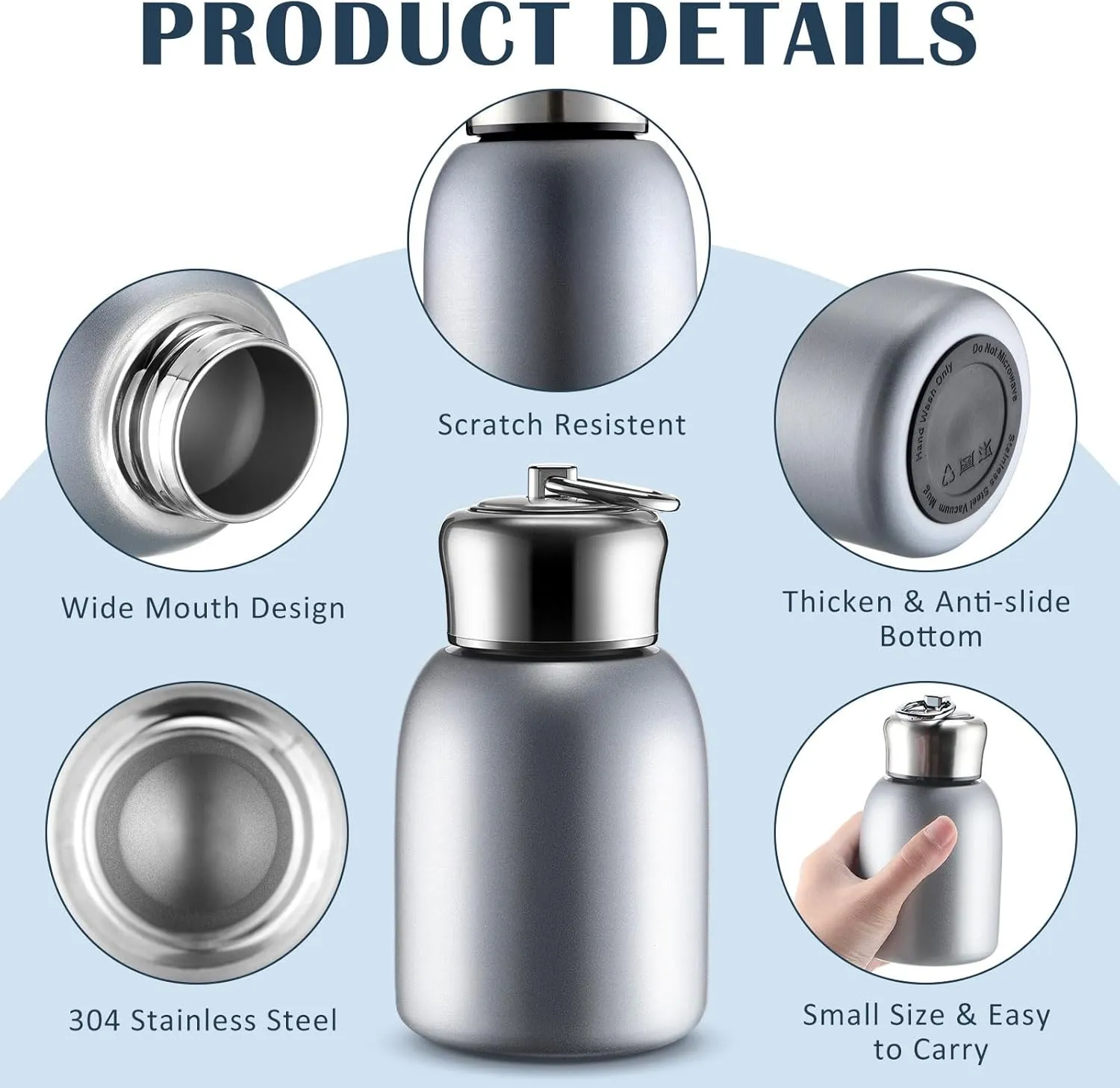 Mifoci 2 Pcs 10oz Mini Stainless Steel Water Bottle Slim Insulated Thermal Small Vacuum Hot Cold Drink Portable Water Bottle for Women Gifts Travel Camping Hiking (Silver)