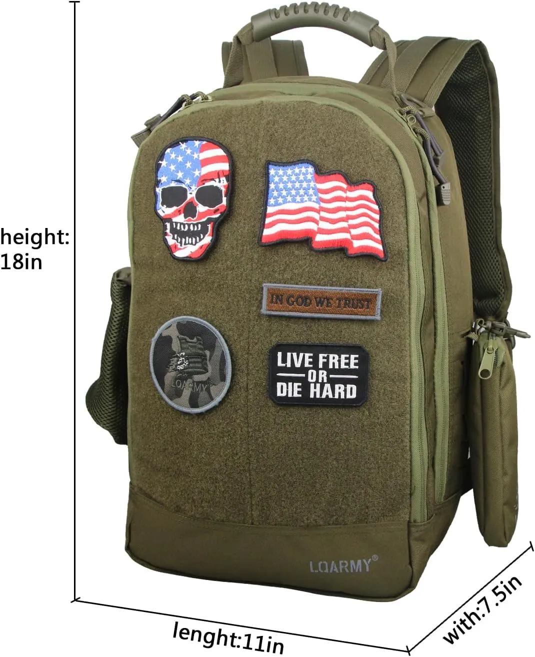 Military Tactical Backpack Work Bag with Five Patches Including 1 US Flags for Outdoor (Green), Large, 19061