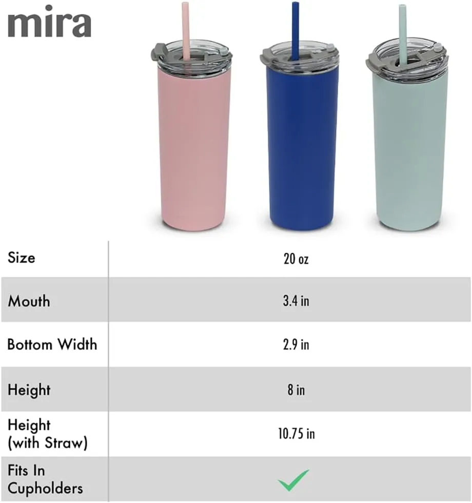 MIRA 20 oz Stainless Steel Vacuum Insulated Tumbler with Multi-Use Flip Lid & Straw - Travel Tumbler Cup for Hot or Cold Drinks - Pearl Blue