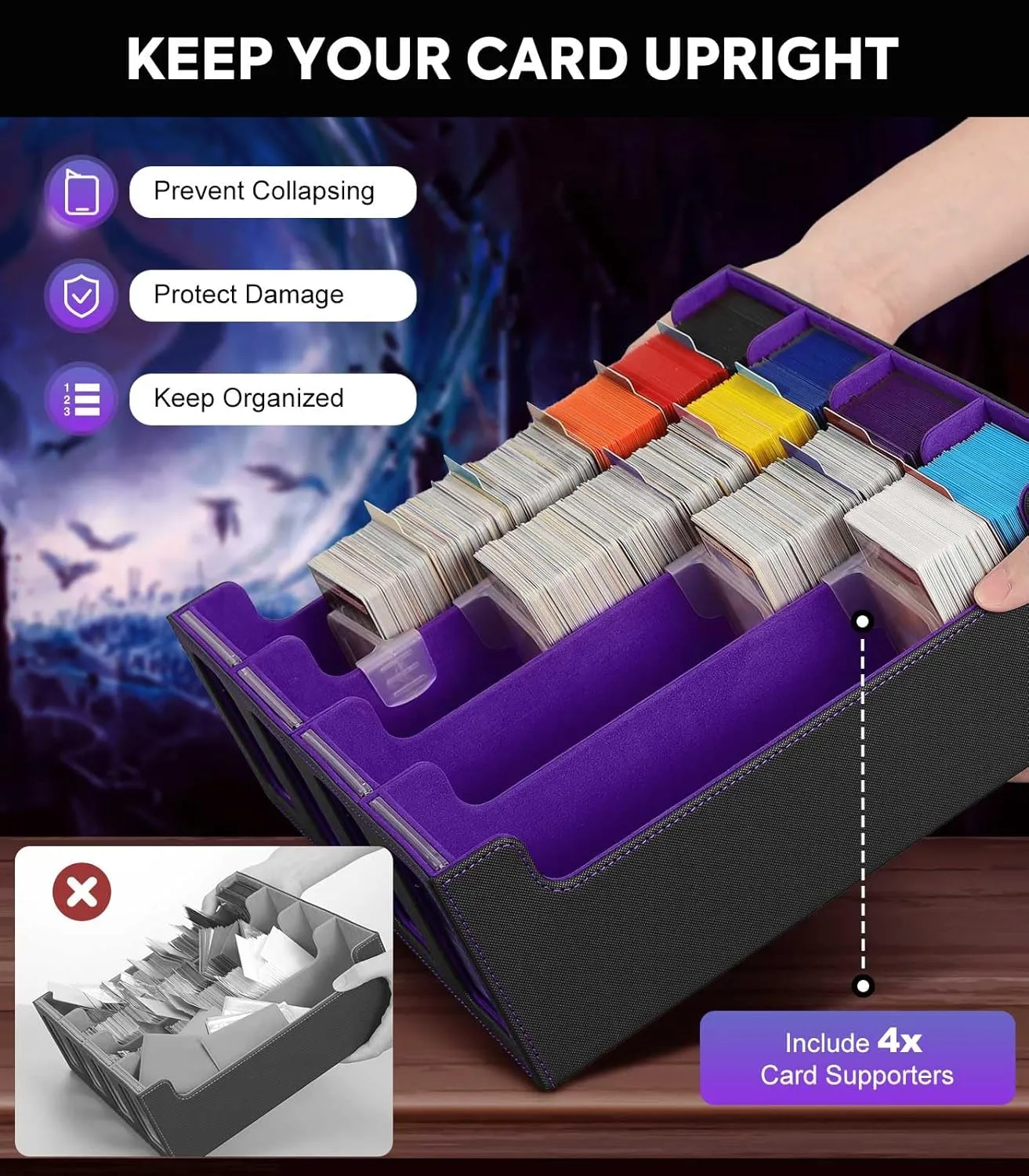 Moko Card Storage Box - 3000  MTG Deck Box, 24 Colorful Dividers, Commander Card Deck Case, Fits Magic, Yugioh - Black Purple