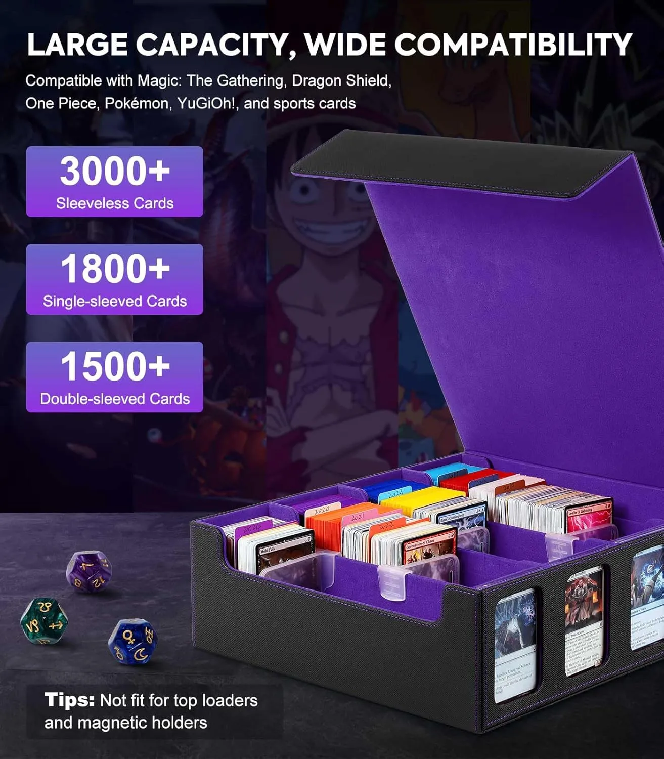 Moko Card Storage Box - 3000  MTG Deck Box, 24 Colorful Dividers, Commander Card Deck Case, Fits Magic, Yugioh - Black Purple