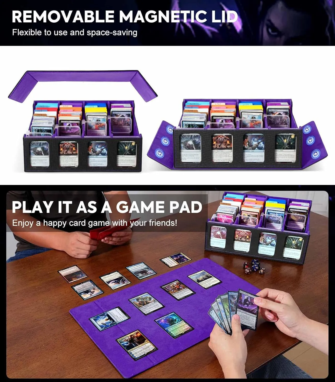Moko Card Storage Box - 3000  MTG Deck Box, 24 Colorful Dividers, Commander Card Deck Case, Fits Magic, Yugioh - Black Purple