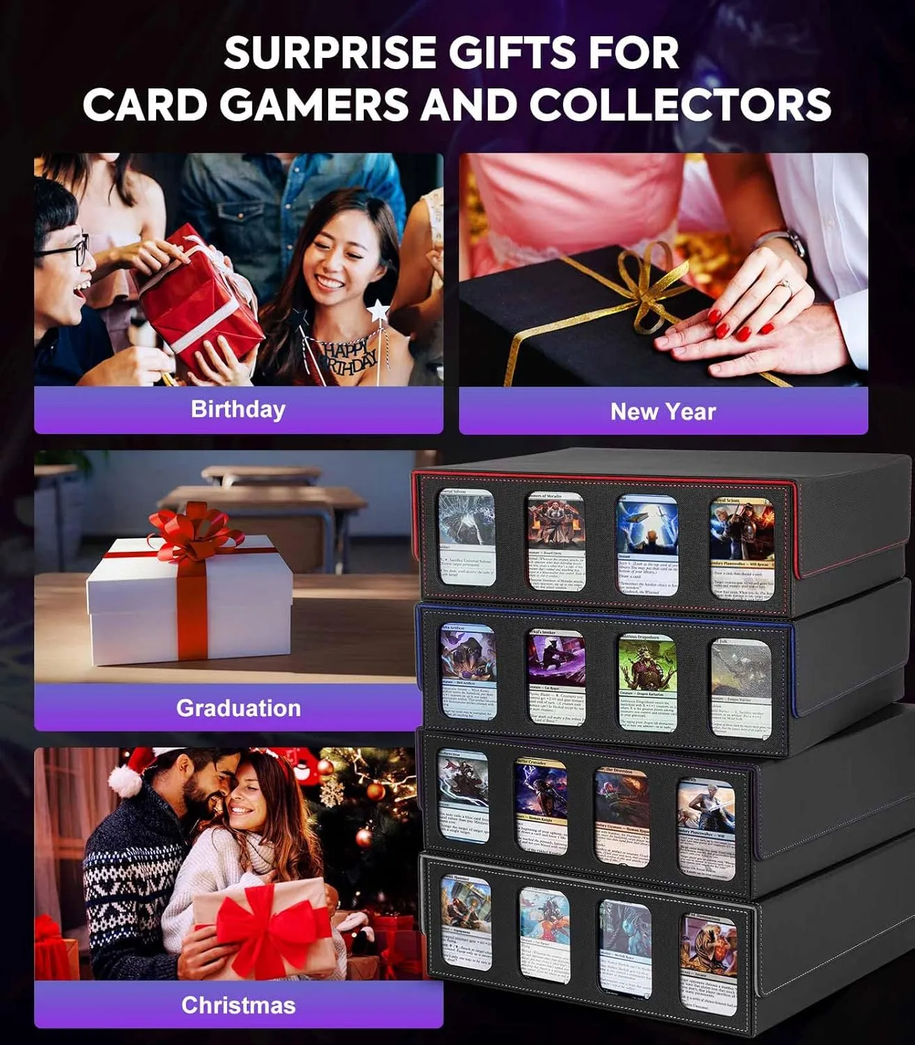 Moko Card Storage Box - 3000  MTG Deck Box, 24 Colorful Dividers, Commander Card Deck Case, Fits Magic, Yugioh - Black Purple