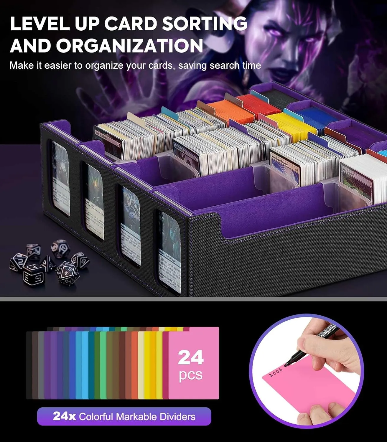 Moko Card Storage Box - 3000  MTG Deck Box, 24 Colorful Dividers, Commander Card Deck Case, Fits Magic, Yugioh - Black Purple