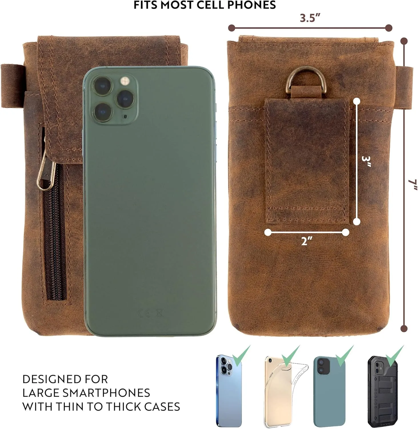 Moonster Leather Cell Phone Holster Genuine Full-Grain Buffalo Leather Secure & Durable Phone Belt Holder - 7'H x 3.5" W
