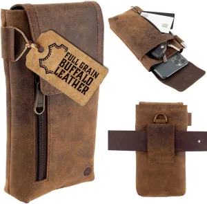 Moonster Leather Cell Phone Holster Genuine Full-Grain Buffalo Leather Secure & Durable Phone Belt Holder - 7'H x 3.5" W