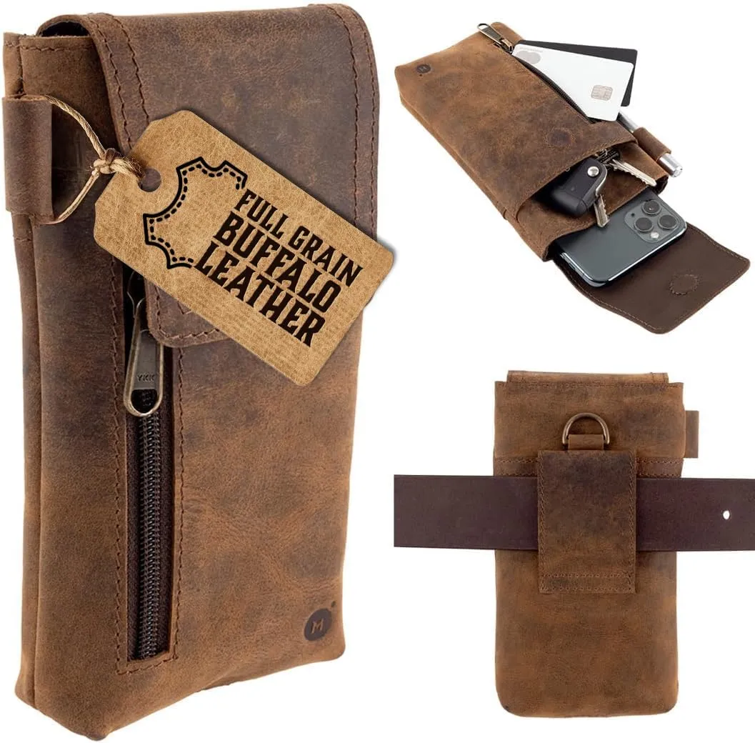 Moonster Leather Cell Phone Holster Genuine Full-Grain Buffalo Leather Secure & Durable Phone Belt Holder - 7'H x 3.5" W