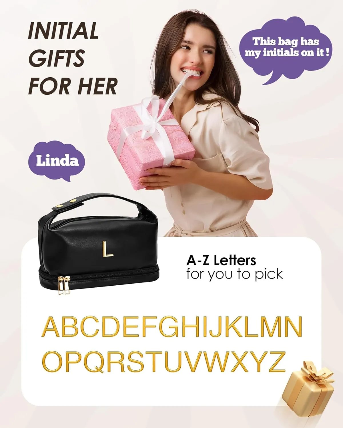 Mothers Gifts, Personalized Makeup Bag with Handle, Initial Double Layer Cosmetic Bag with Makeup Brush Organizer, Travel Toiletry Bag, Gifts for Friends Female Mom, Teen Birthday Gifts