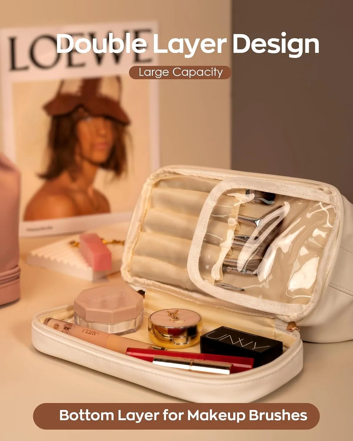 Mothers Gifts, Personalized Makeup Bag with Handle, Initial Double Layer Cosmetic Bag with Makeup Brush Organizer, Travel Toiletry Bag, Gifts for Friends Female Mom, Teen Birthday Gifts