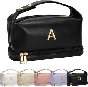 Mothers Gifts, Personalized Makeup Bag with Handle, Initial Double Layer Cosmetic Bag with Makeup Brush Organizer, Travel Toiletry Bag, Gifts for Friends Female Mom, Teen Birthday Gifts