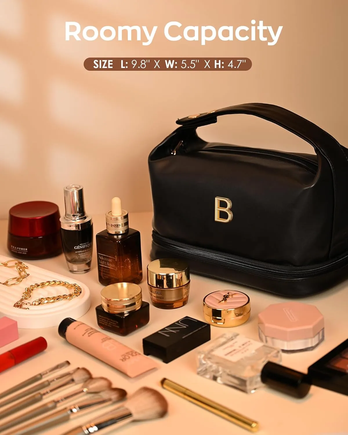 Mothers Gifts, Personalized Makeup Bag with Handle, Initial Double Layer Cosmetic Bag with Makeup Brush Organizer, Travel Toiletry Bag, Gifts for Friends Female Mom, Teen Birthday Gifts
