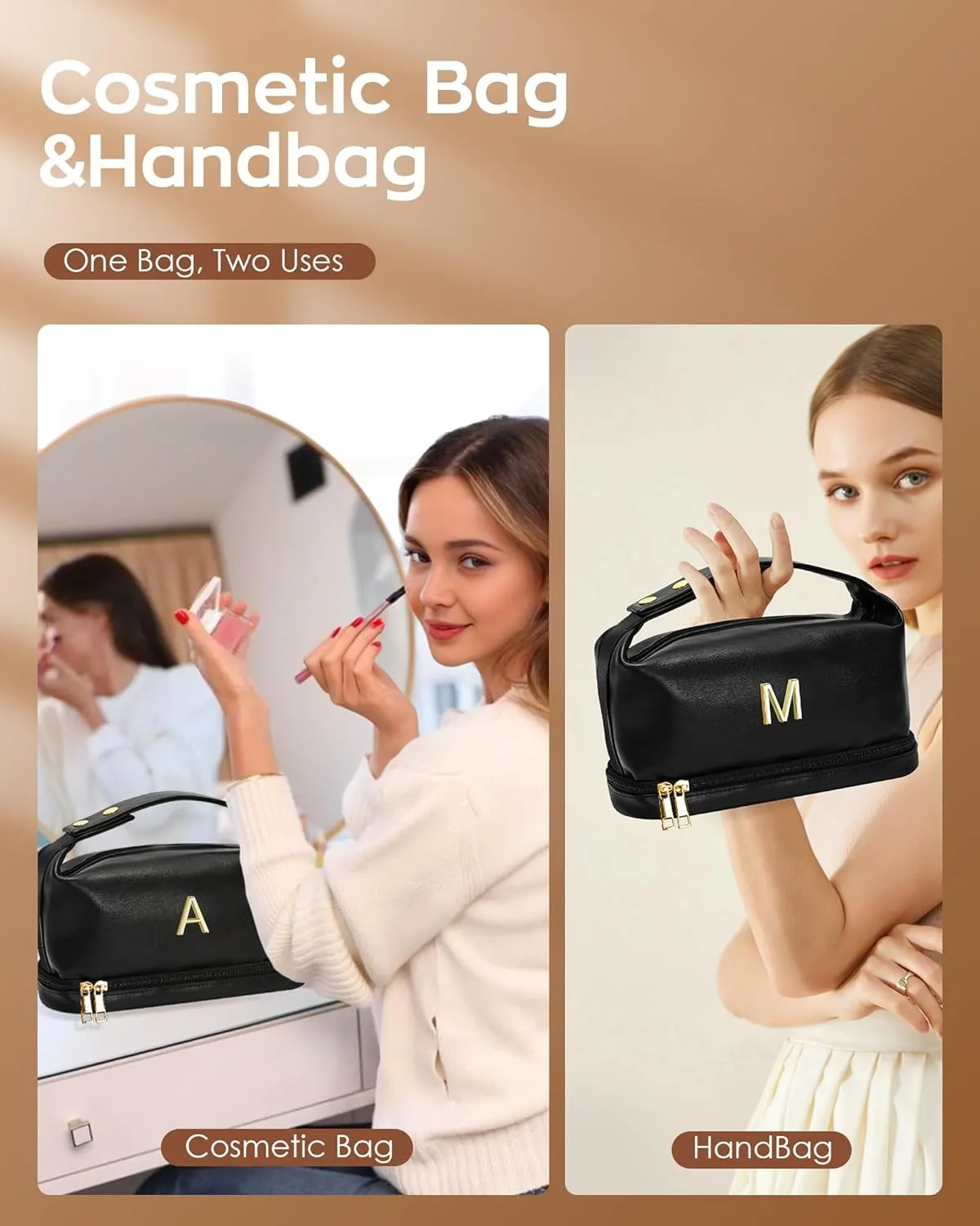 Mothers Gifts, Personalized Makeup Bag with Handle, Initial Double Layer Cosmetic Bag with Makeup Brush Organizer, Travel Toiletry Bag, Gifts for Friends Female Mom, Teen Birthday Gifts