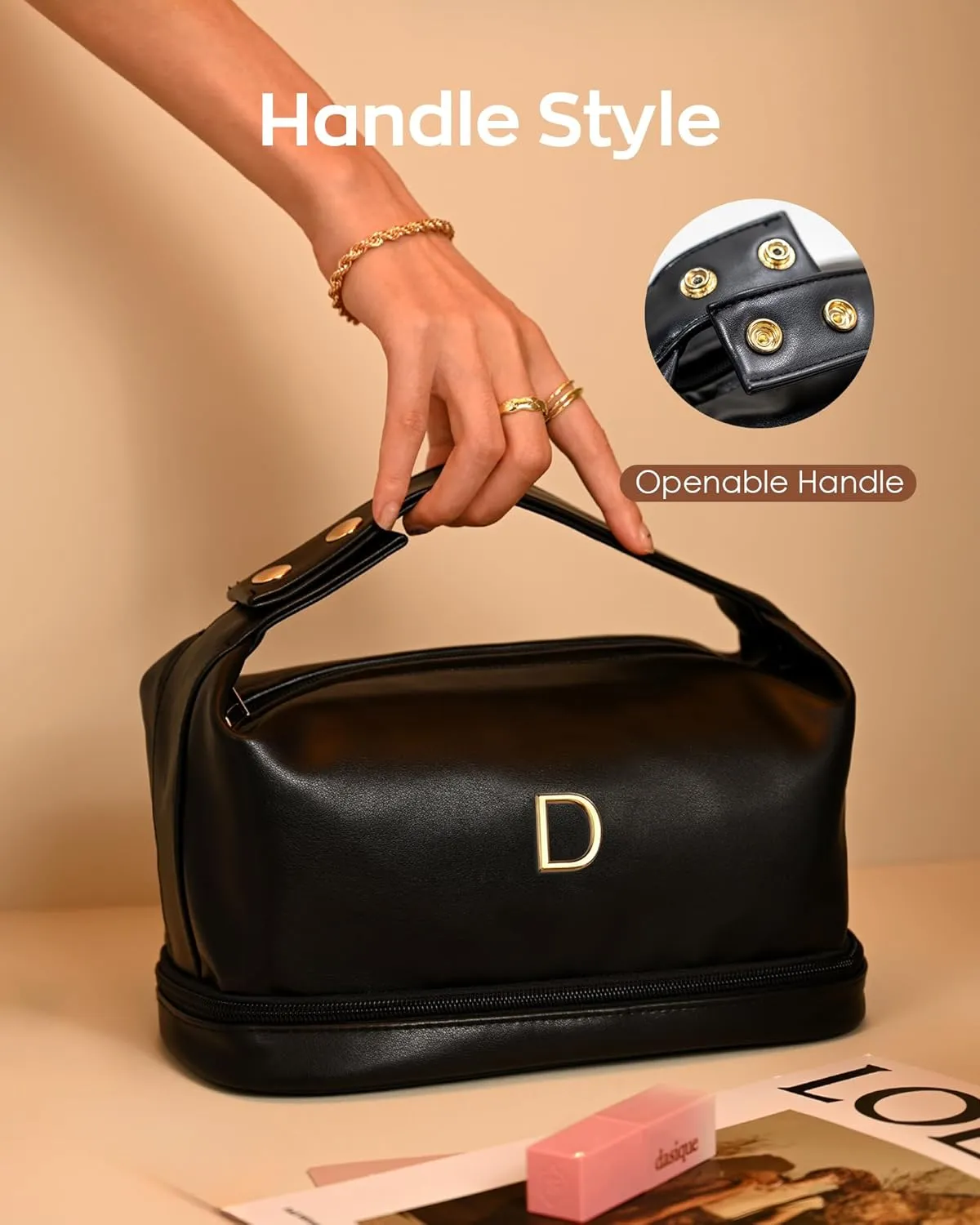 Mothers Gifts, Personalized Makeup Bag with Handle, Initial Double Layer Cosmetic Bag with Makeup Brush Organizer, Travel Toiletry Bag, Gifts for Friends Female Mom, Teen Birthday Gifts