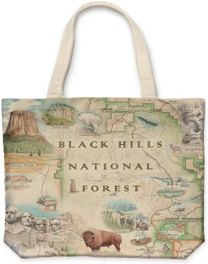 Mount Rushmore, Black Hills National Forest, Devils Tower Map Canvas Tote Bag with Handles, Cloth Grocery Shopping Bag, Reusable & Eco-friendly Bag, 100% Cotton, Washable, 18 wide x 15 tall
