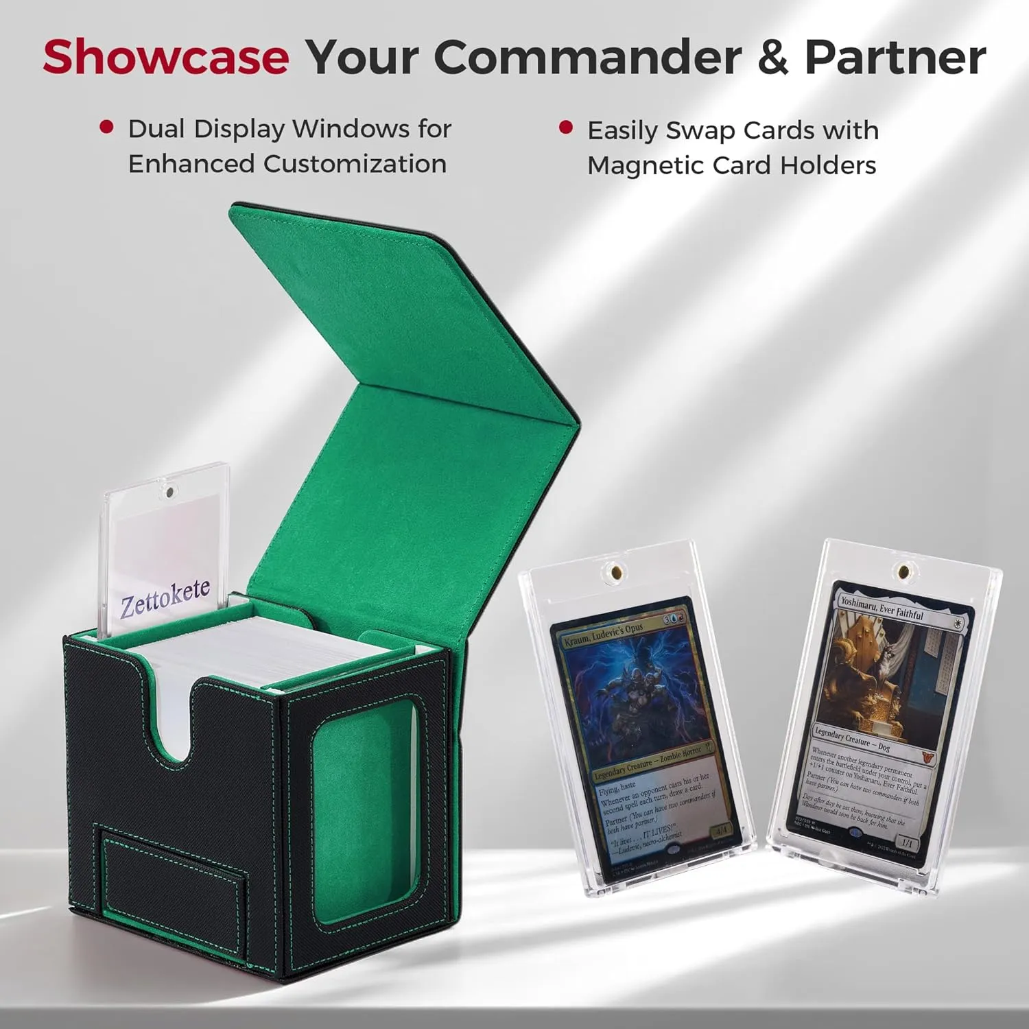 MTG Commander Deck Box with Dual Commander Display, Patented Card Deck Box Fits 100 Double-Sleeved Cards, MTG Card Case with Dice Tray, 2 Dividers, 2 Magnetic Holders, Black & Green