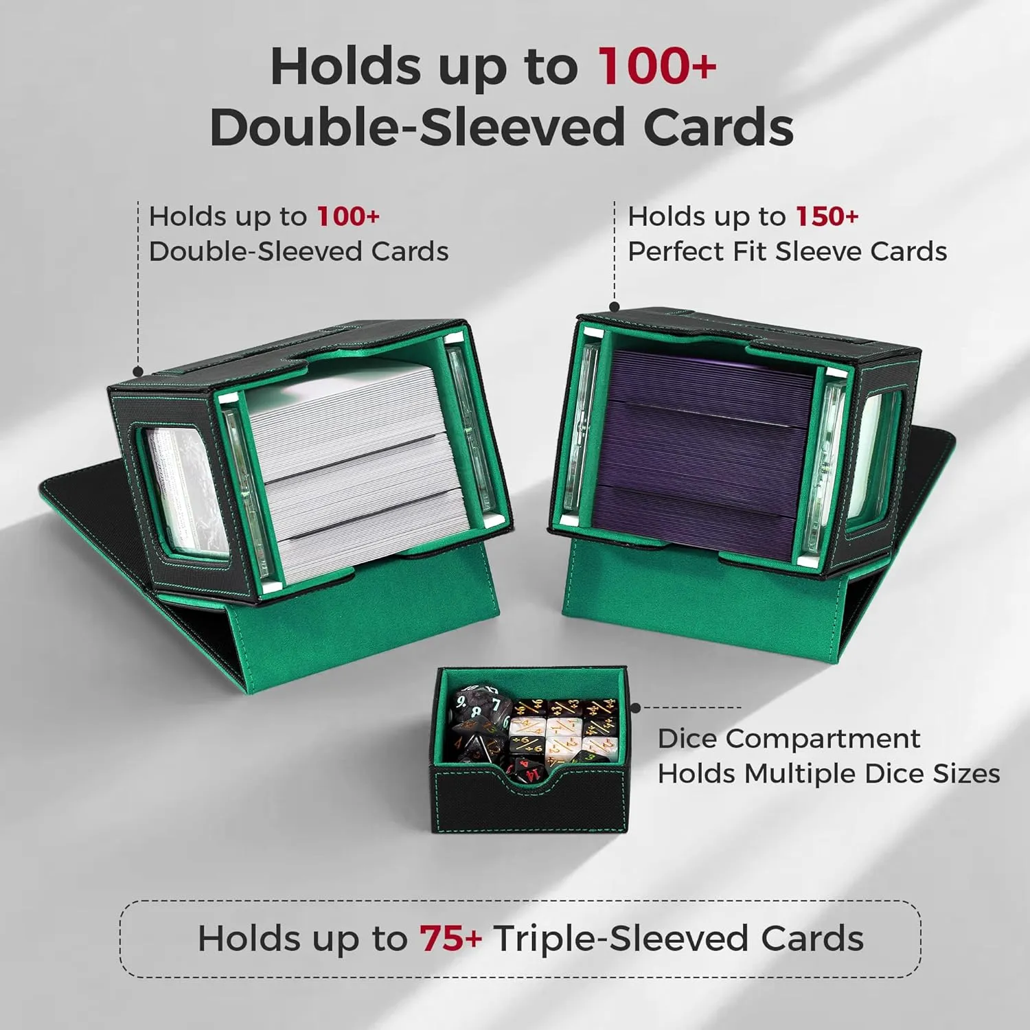 MTG Commander Deck Box with Dual Commander Display, Patented Card Deck Box Fits 100 Double-Sleeved Cards, MTG Card Case with Dice Tray, 2 Dividers, 2 Magnetic Holders, Black & Green