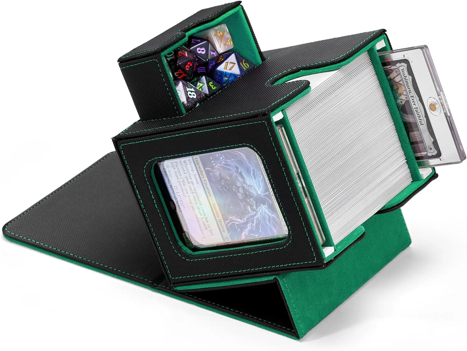 MTG Commander Deck Box with Dual Commander Display, Patented Card Deck Box Fits 100 Double-Sleeved Cards, MTG Card Case with Dice Tray, 2 Dividers, 2 Magnetic Holders, Black & Green