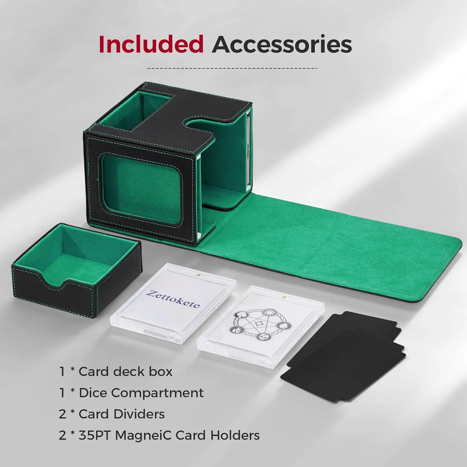MTG Commander Deck Box with Dual Commander Display, Patented Card Deck Box Fits 100 Double-Sleeved Cards, MTG Card Case with Dice Tray, 2 Dividers, 2 Magnetic Holders, Black & Green