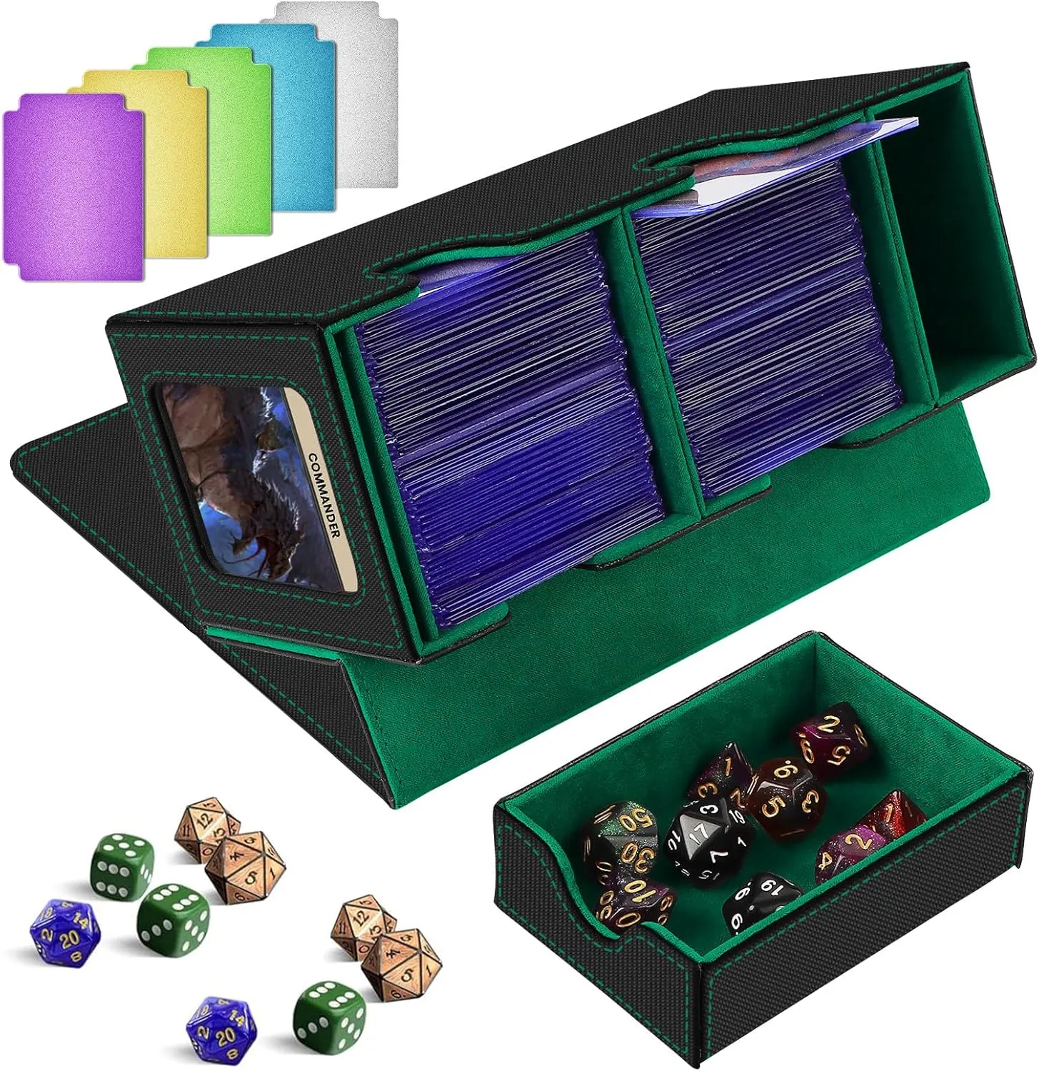 MTG Deck Box with Commander Display,Holds 300  Single-Sleeved Cards,Double Deck Case for TCG/CCG,Fits 90  Top Loader Sleeves,Includes Dice Tray,5 Dividers & 1 Hard Sleeve