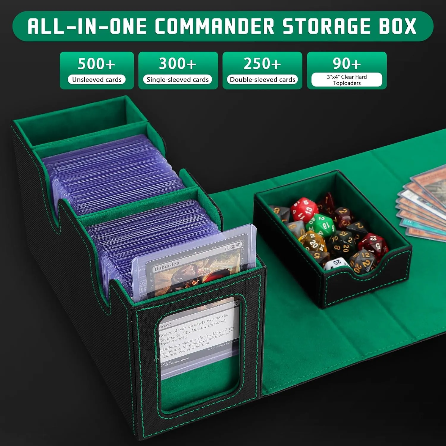 MTG Deck Box with Commander Display,Holds 300  Single-Sleeved Cards,Double Deck Case for TCG/CCG,Fits 90  Top Loader Sleeves,Includes Dice Tray,5 Dividers & 1 Hard Sleeve