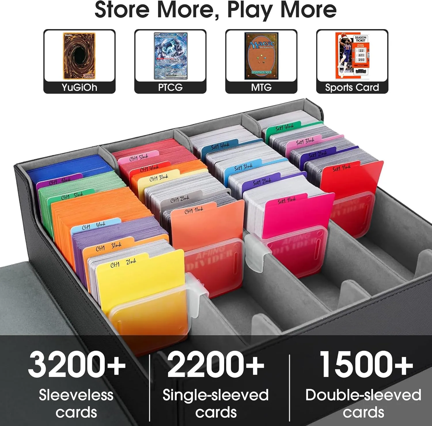 MTG Trading Card Storage Box Fits 3200  Cards, Commander Deck Box Case, 4 Display Windows 24 Dividers 4 Card Holders, PU Leather Magnetic Closure For Magic/TCG/YuGiOh/Sport Cards- Black & Gray
