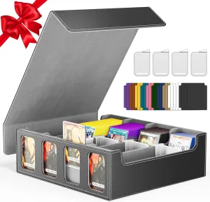 MTG Trading Card Storage Box Fits 3200  Cards, Commander Deck Box Case, 4 Display Windows 24 Dividers 4 Card Holders, PU Leather Magnetic Closure For Magic/TCG/YuGiOh/Sport Cards- Black & Gray