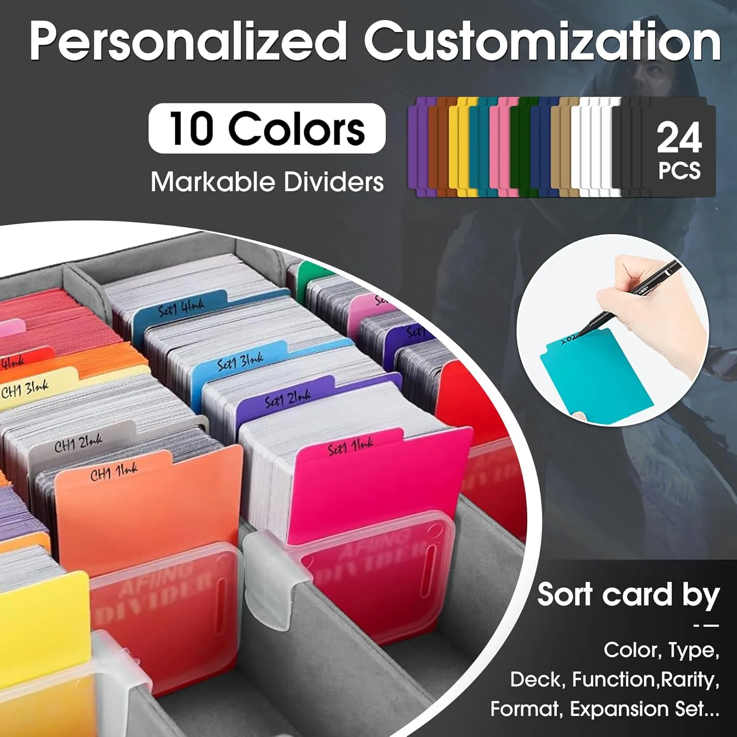 MTG Trading Card Storage Box Fits 3200  Cards, Commander Deck Box Case, 4 Display Windows 24 Dividers 4 Card Holders, PU Leather Magnetic Closure For Magic/TCG/YuGiOh/Sport Cards- Black & Gray